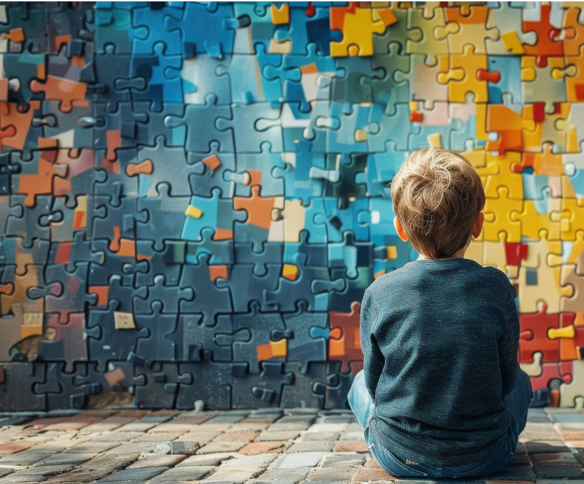A boy sits on the ground looking up at a huge, colorful wall of puzzle pieces