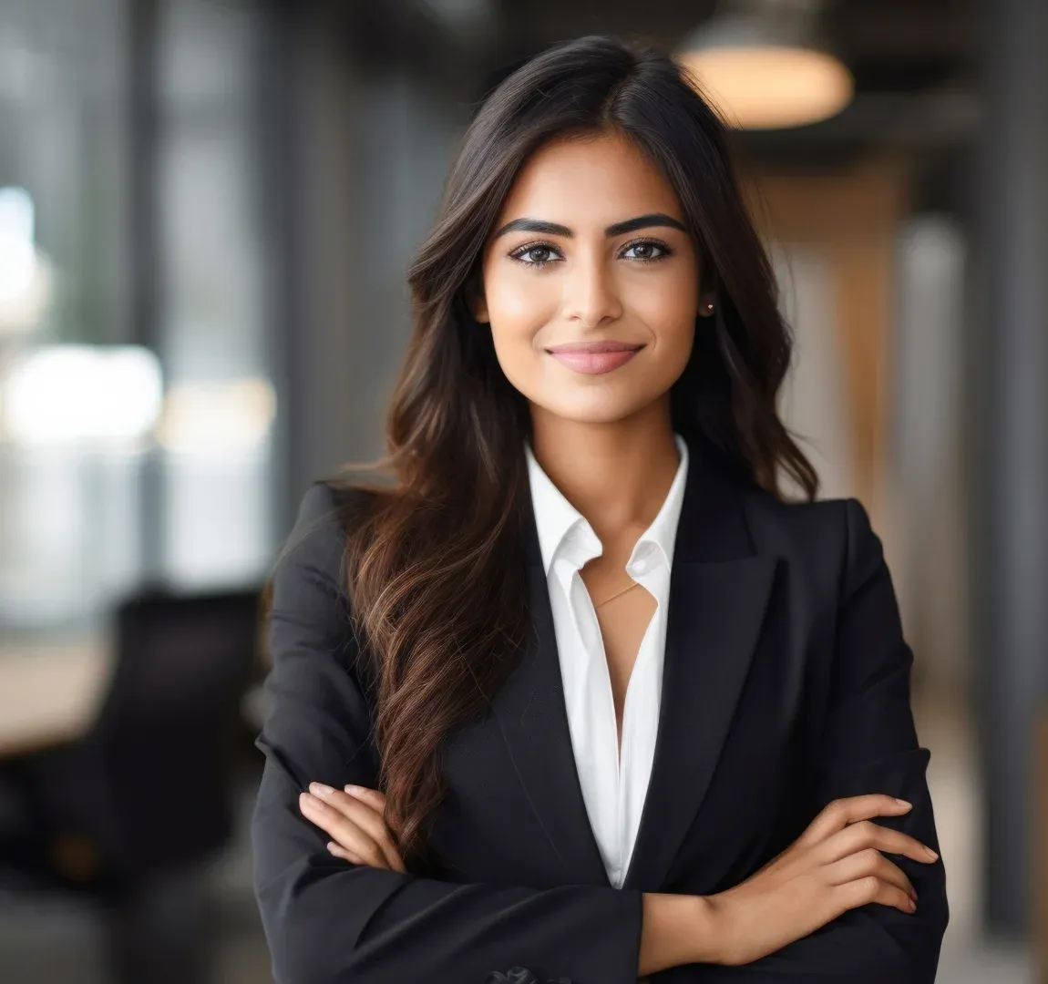 A confident professional in a dark blazer stands with arms folded in a modern office