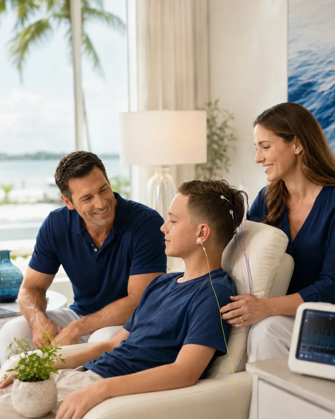 A teenager relaxes in an armchair at home with neurofeedback sensors on his head while his parents sit close by