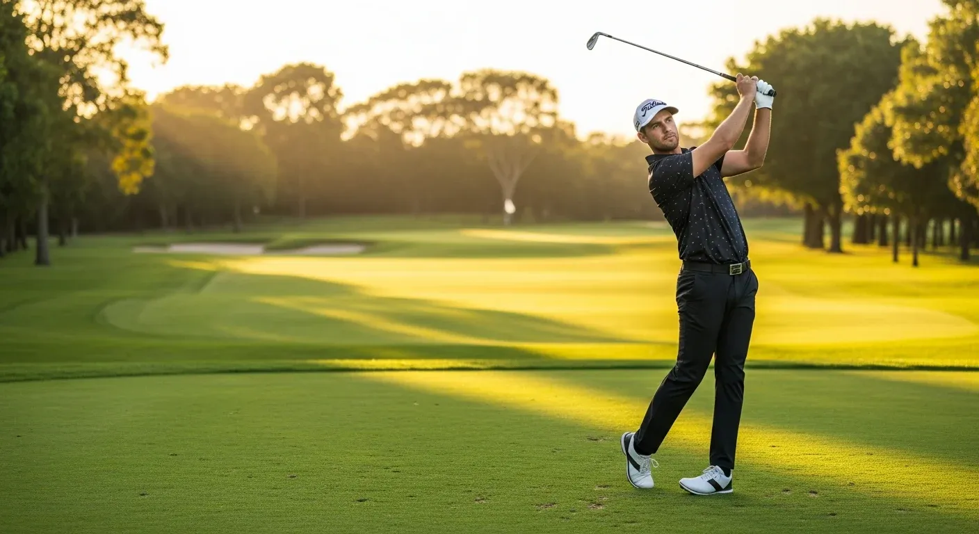 A golfer follows through on a full swing on a sunlit fairway