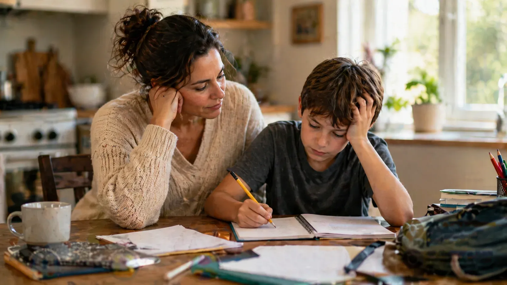 A mother sits beside her son at the kitchen table while he struggles through homework