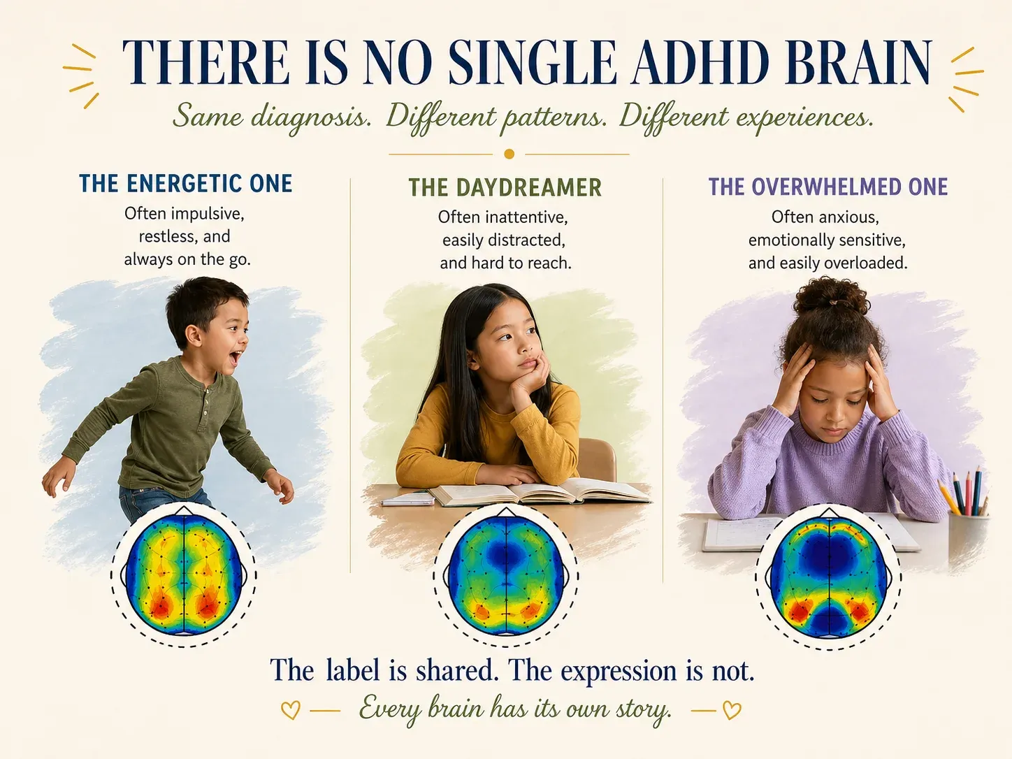Infographic: There is no single ADHD brain — the energetic one, the daydreamer and the overwhelmed one, each with a different brain-map pattern