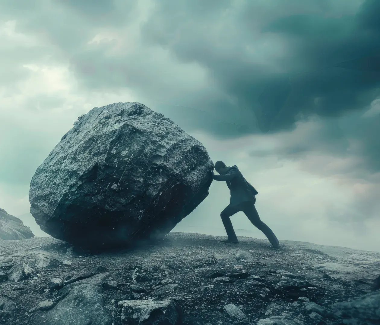 A man strains to push a huge boulder up a rocky hill beneath a stormy sky