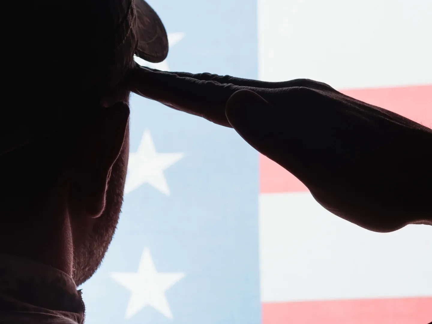 Silhouette of a service member saluting in front of the American flag